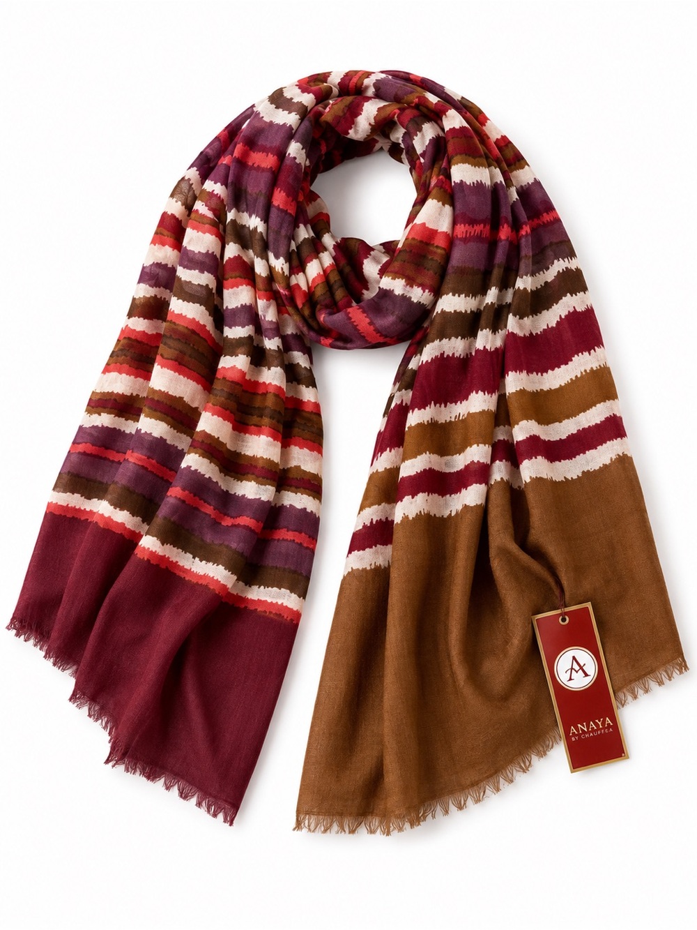 Luxury Striped Multicolor Women's Scarf - Burgundy & Brown